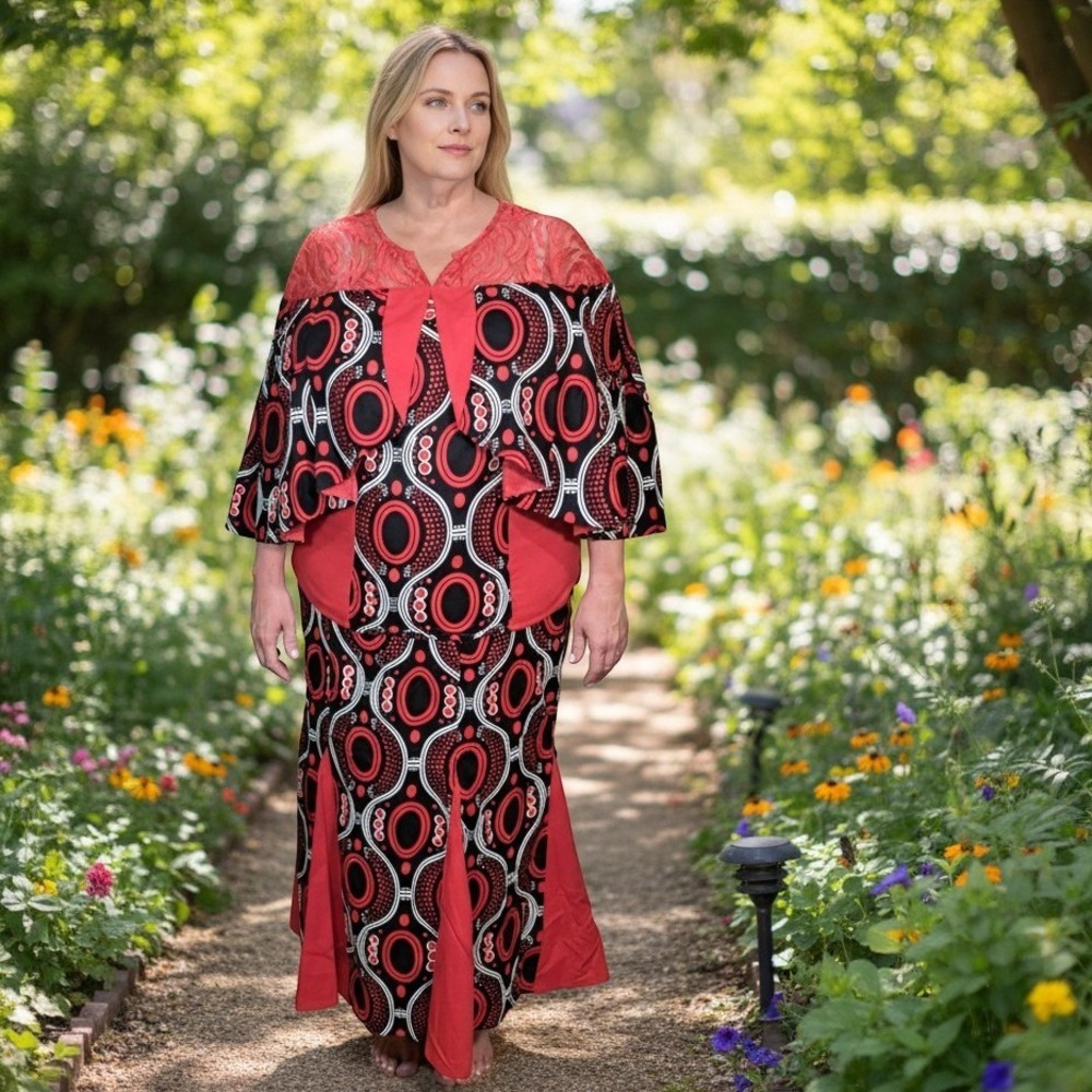 Ashro 2 Piece Set Red Black Geometric Cape Top Mermaid Maxi Skirt 16W Cotton
